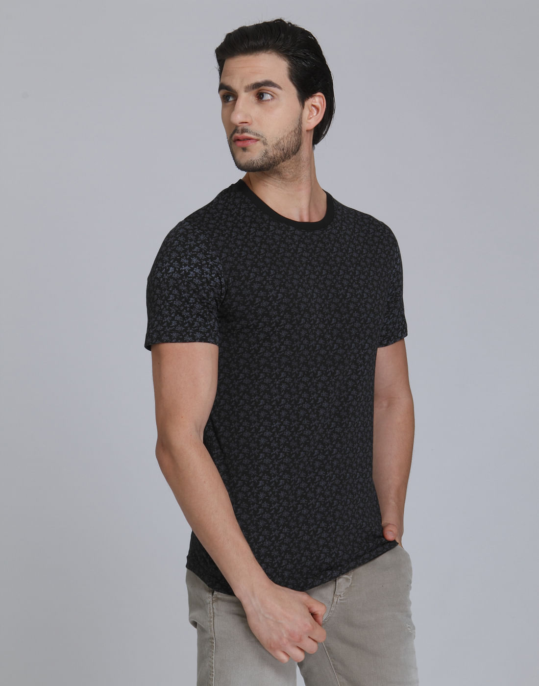 Black Floral Print Crew Neck T-Shirt