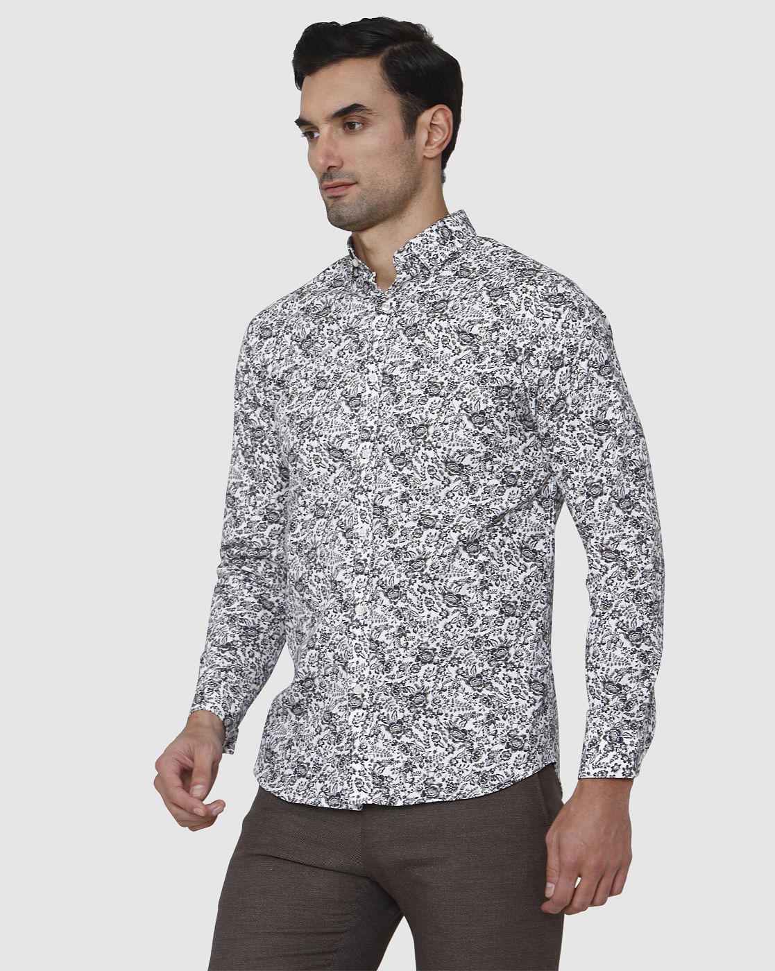 White Floral Print Full Sleeves Shirt