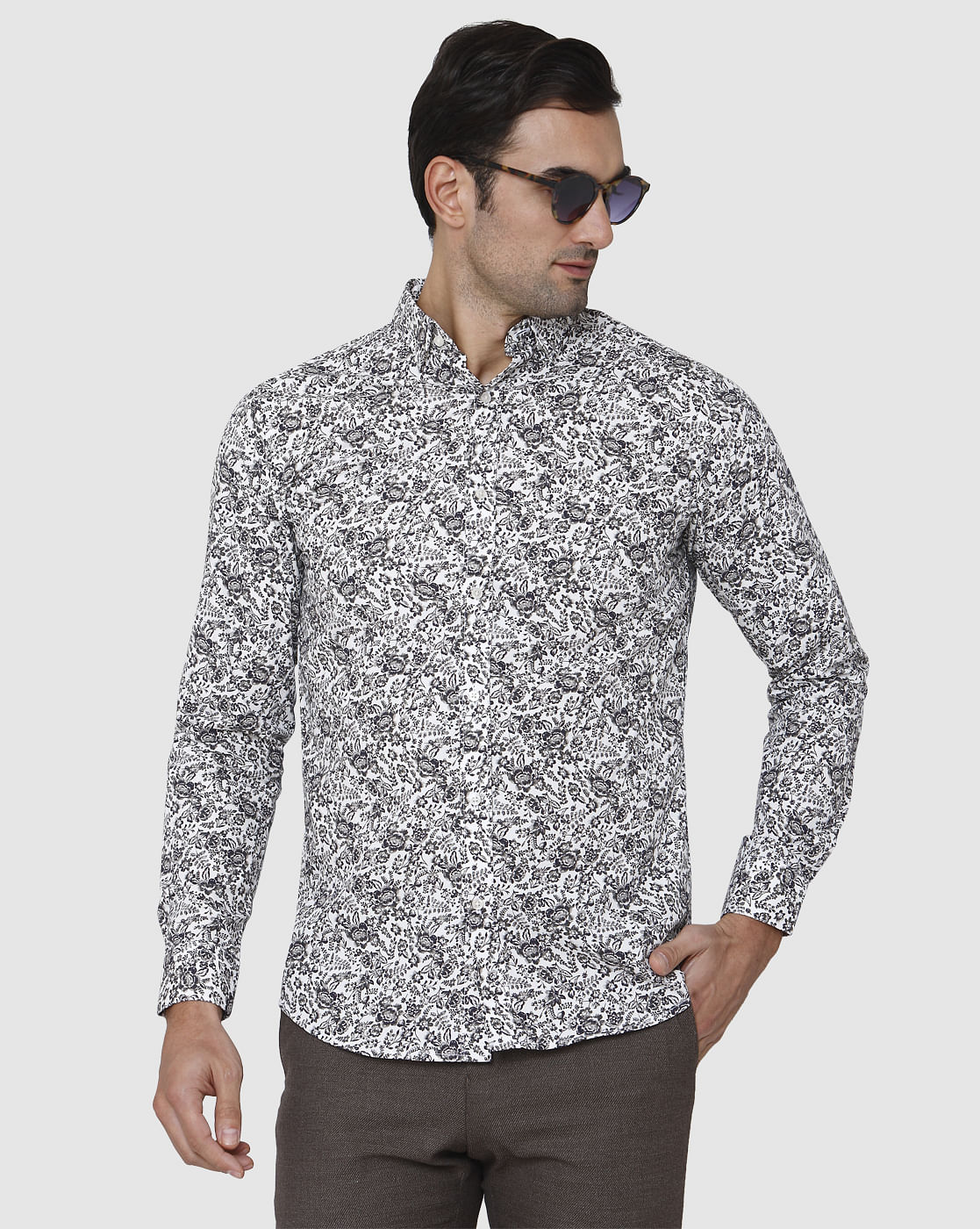White Floral Print Full Sleeves Shirt