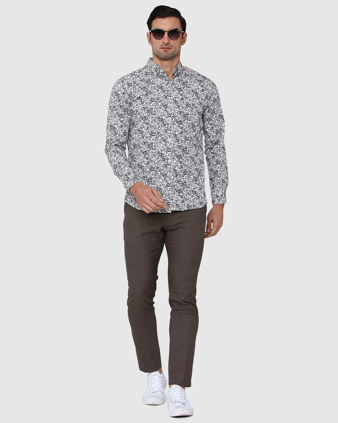 White Floral Print Full Sleeves Shirt