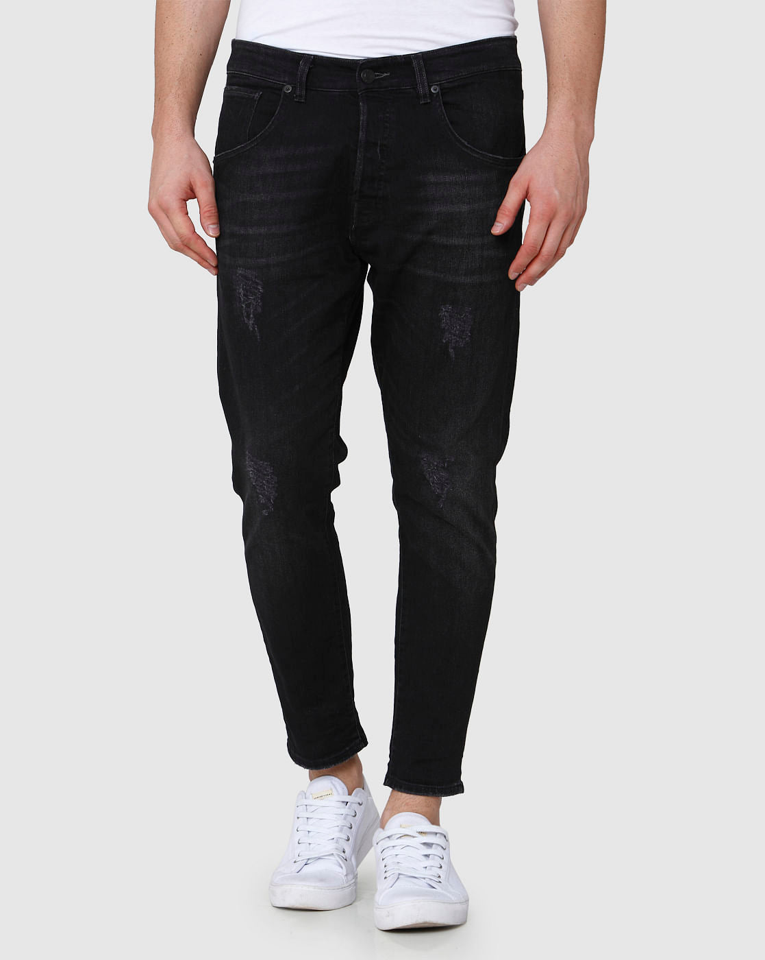 Black Distressed Regular Fit Jeans