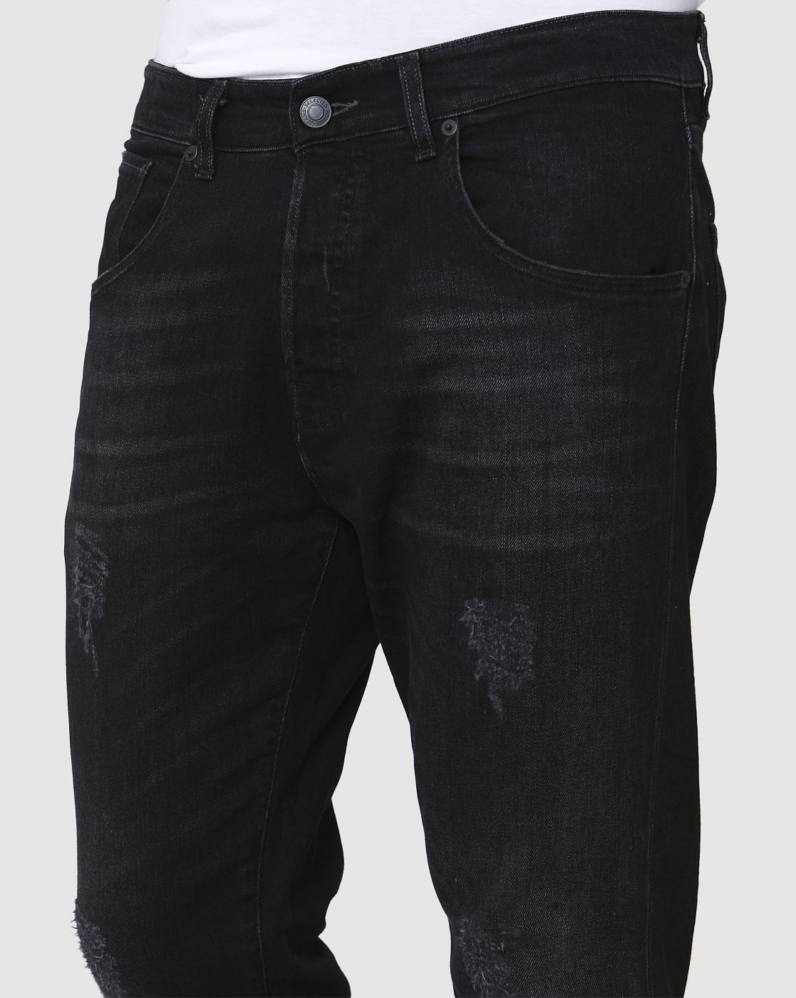 Black Distressed Regular Fit Jeans