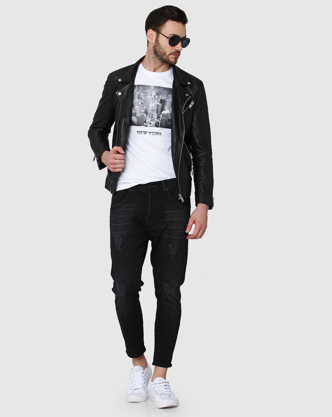 Black Distressed Regular Fit Jeans