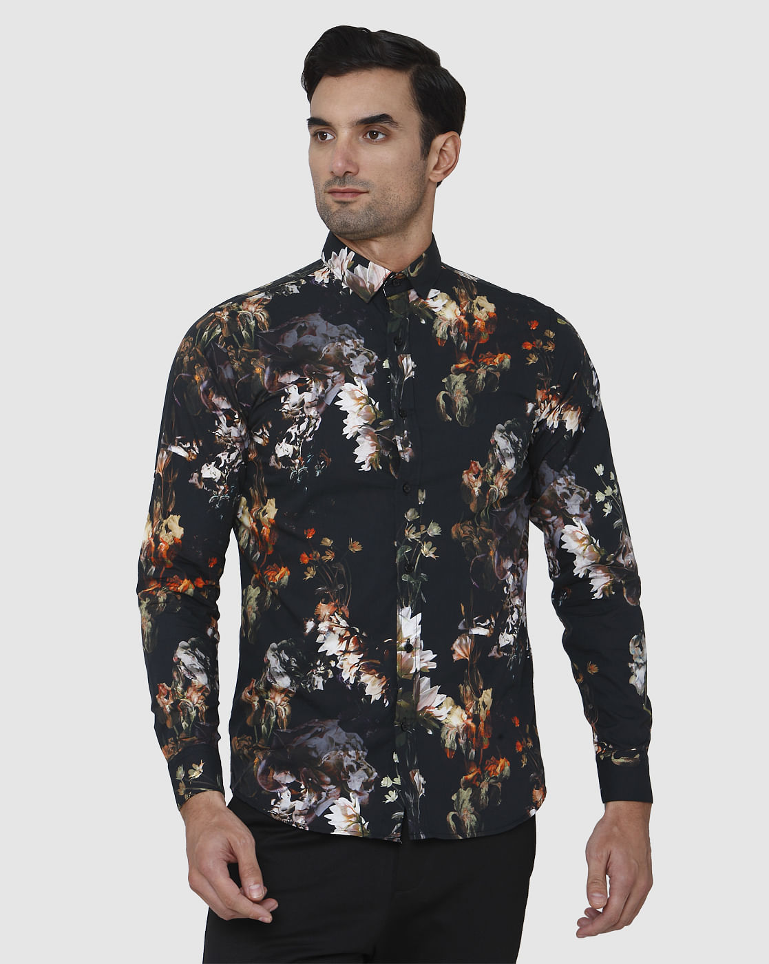 Black Floral Print Full Sleeves Shirt