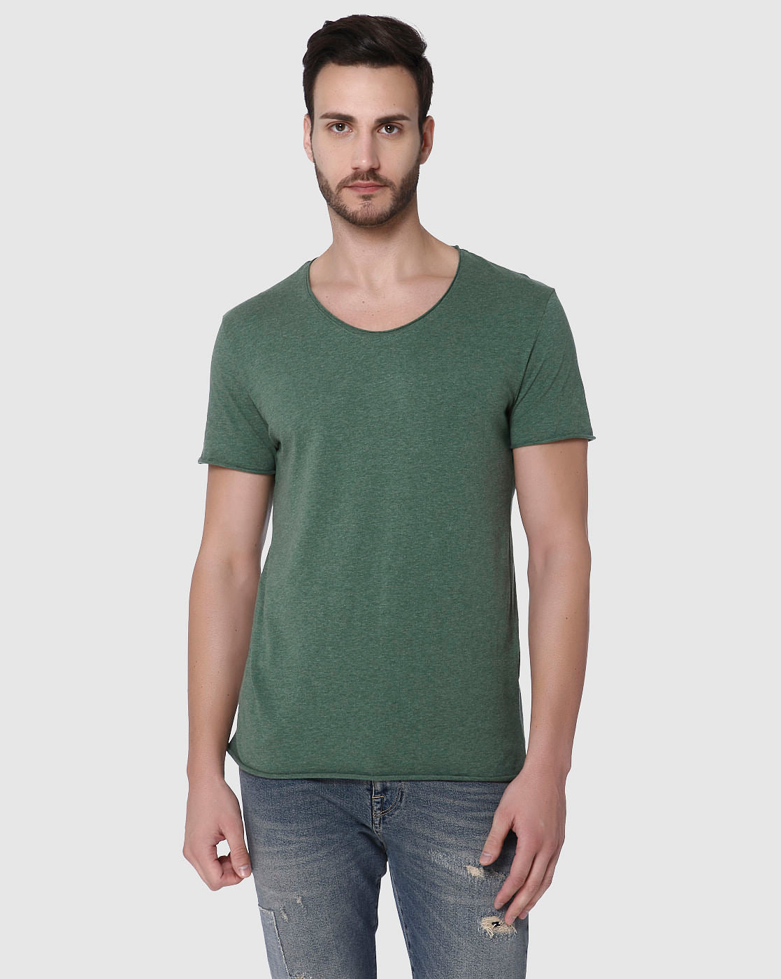 Green Raw Edge Crew Neck T-Shirt