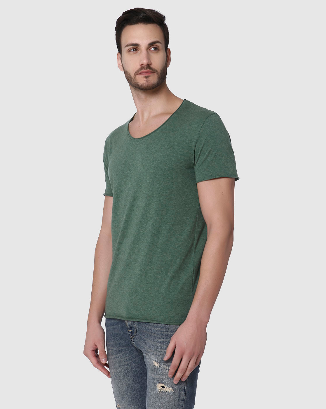 Green Raw Edge Crew Neck T-Shirt