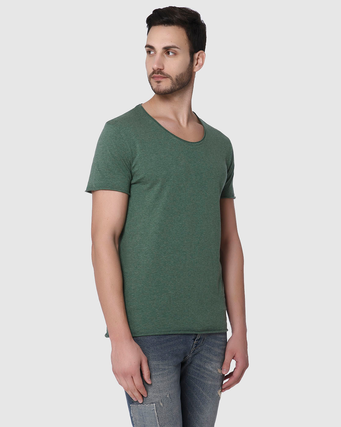 Green Raw Edge Crew Neck T-Shirt