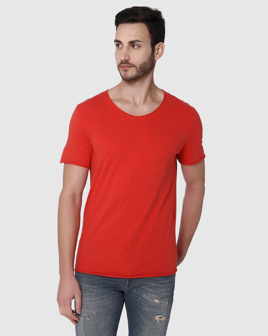 Red Raw Edge Crew Neck T-Shirt
