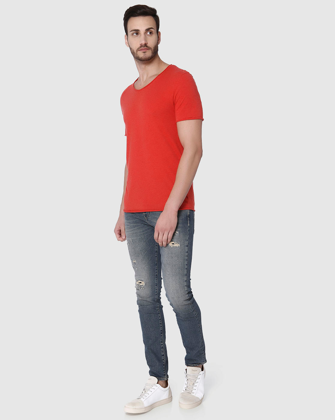 Red Raw Edge Crew Neck T-Shirt