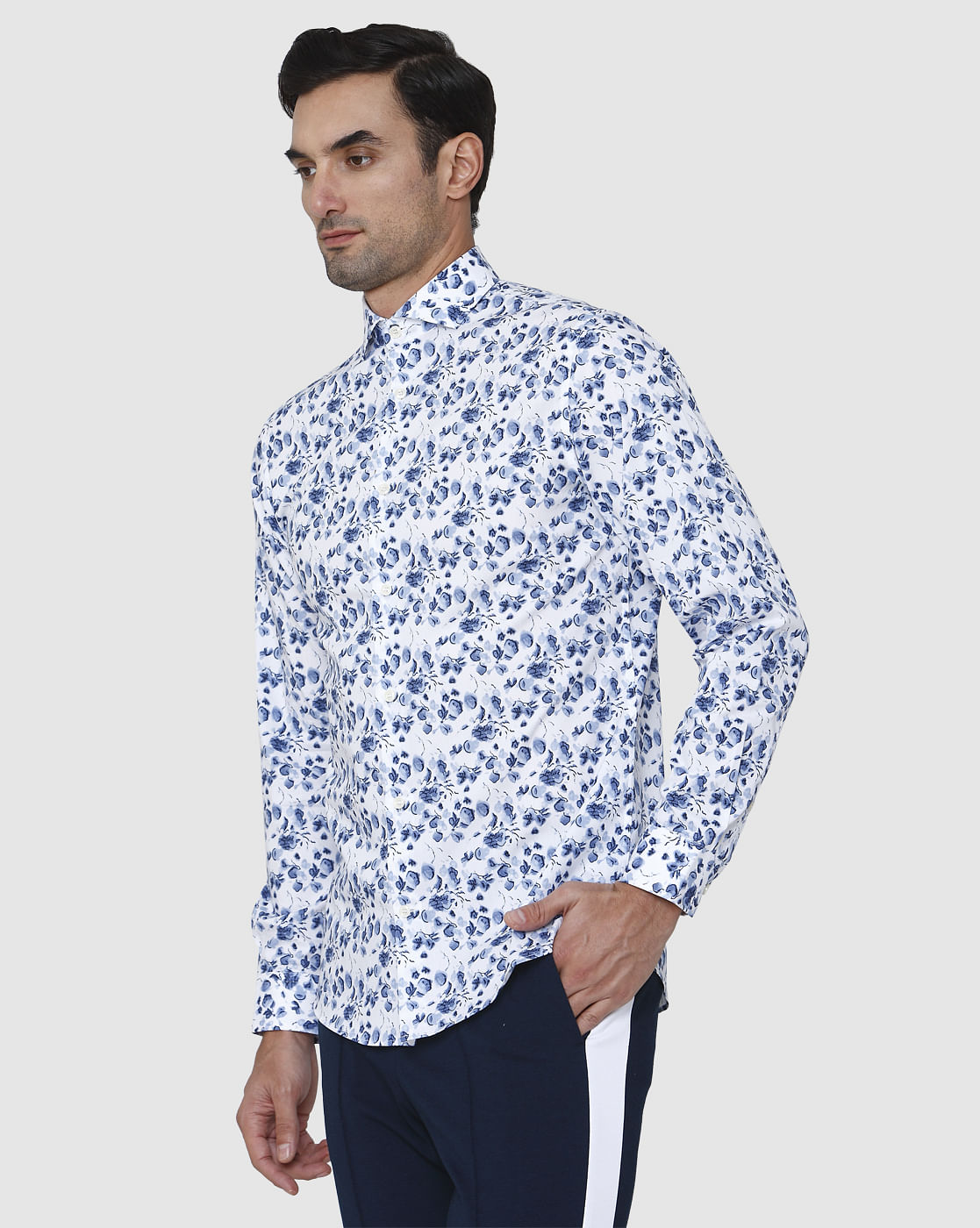 White Floral Print Full Sleeves Shirt