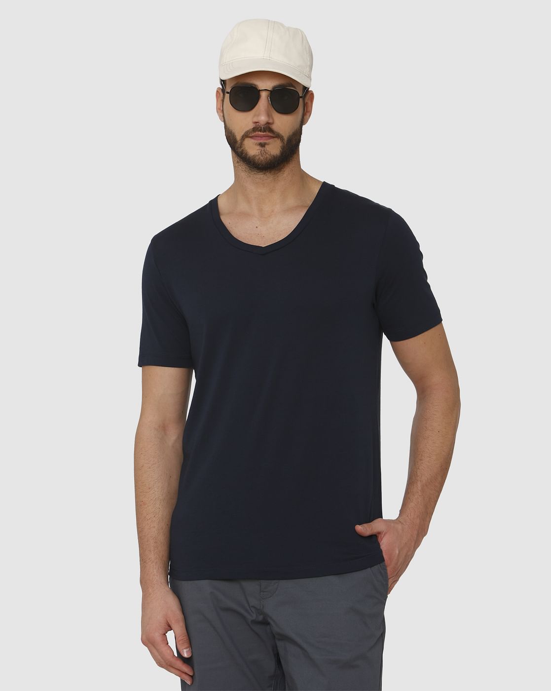 Dark Blue Slim Fit V Neck T-Shirt