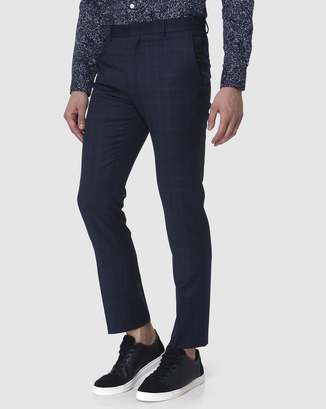 Navy Blue Check Formal Trousers