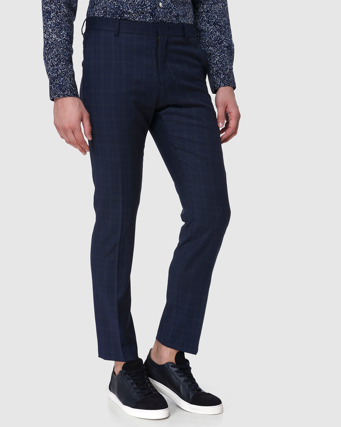 Navy Blue Check Formal Trousers
