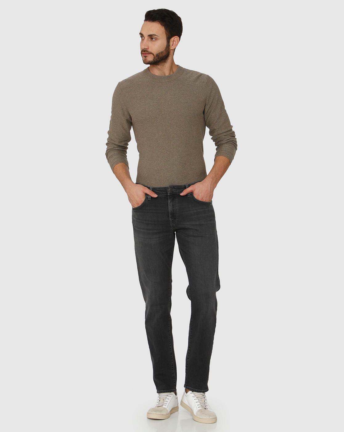 Grey Mid Rise Faded Scott Straight Fit Jeans