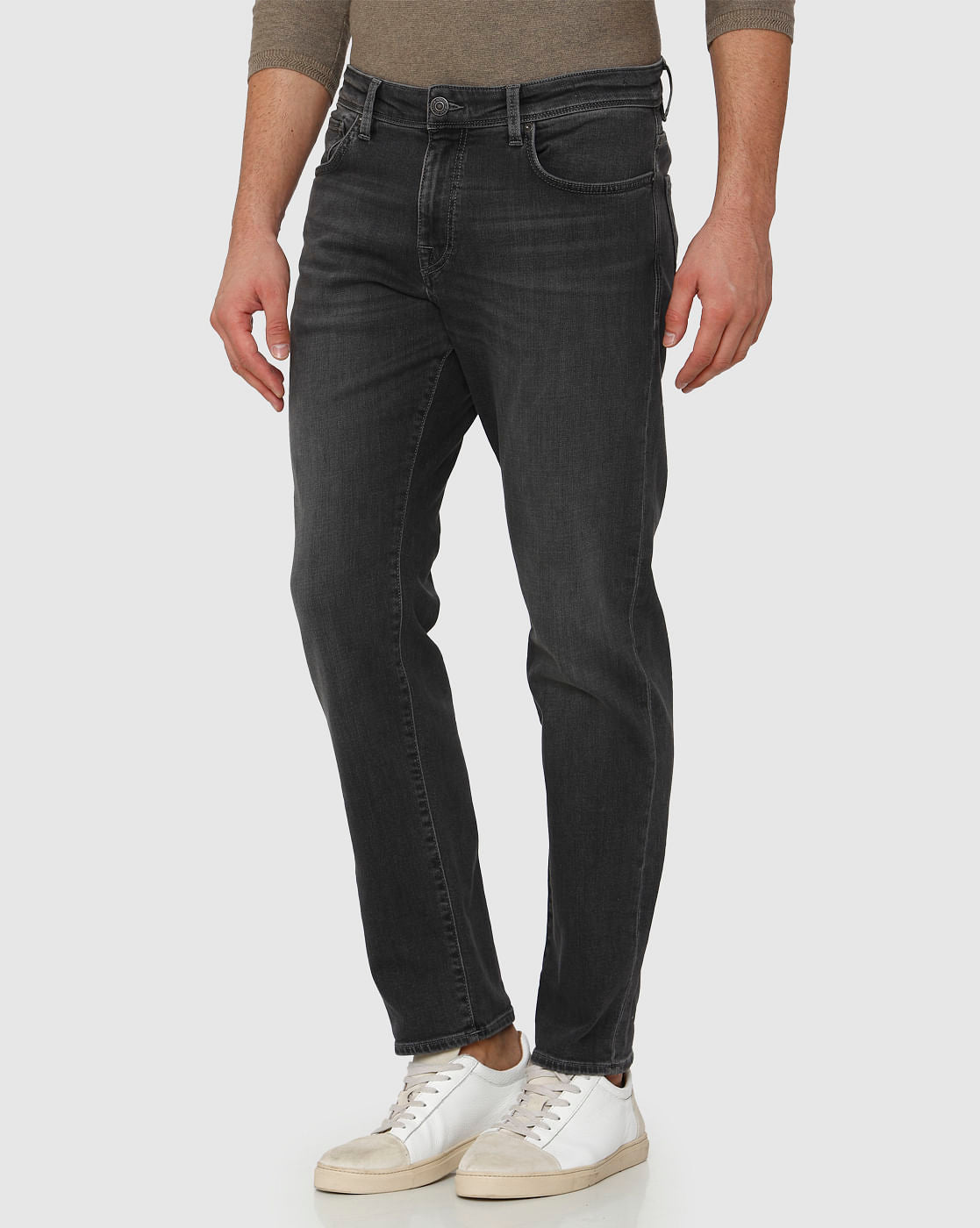 Grey Mid Rise Faded Scott Straight Fit Jeans