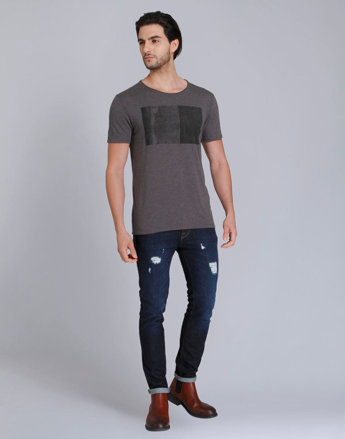 Grey Printed Crew Neck T-Shirt
