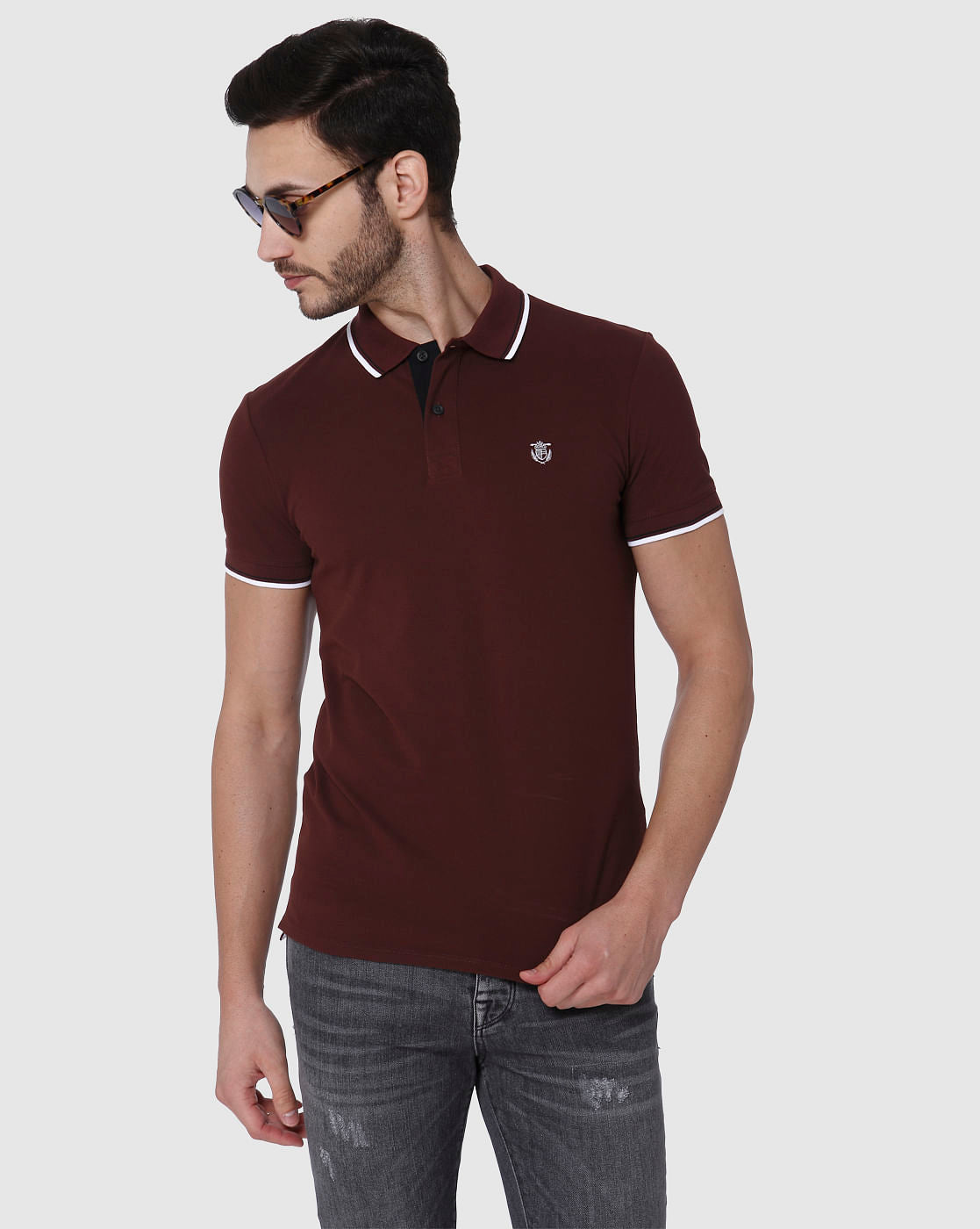 Burgundy Contrast Tipping Polo Neck T-Shirt