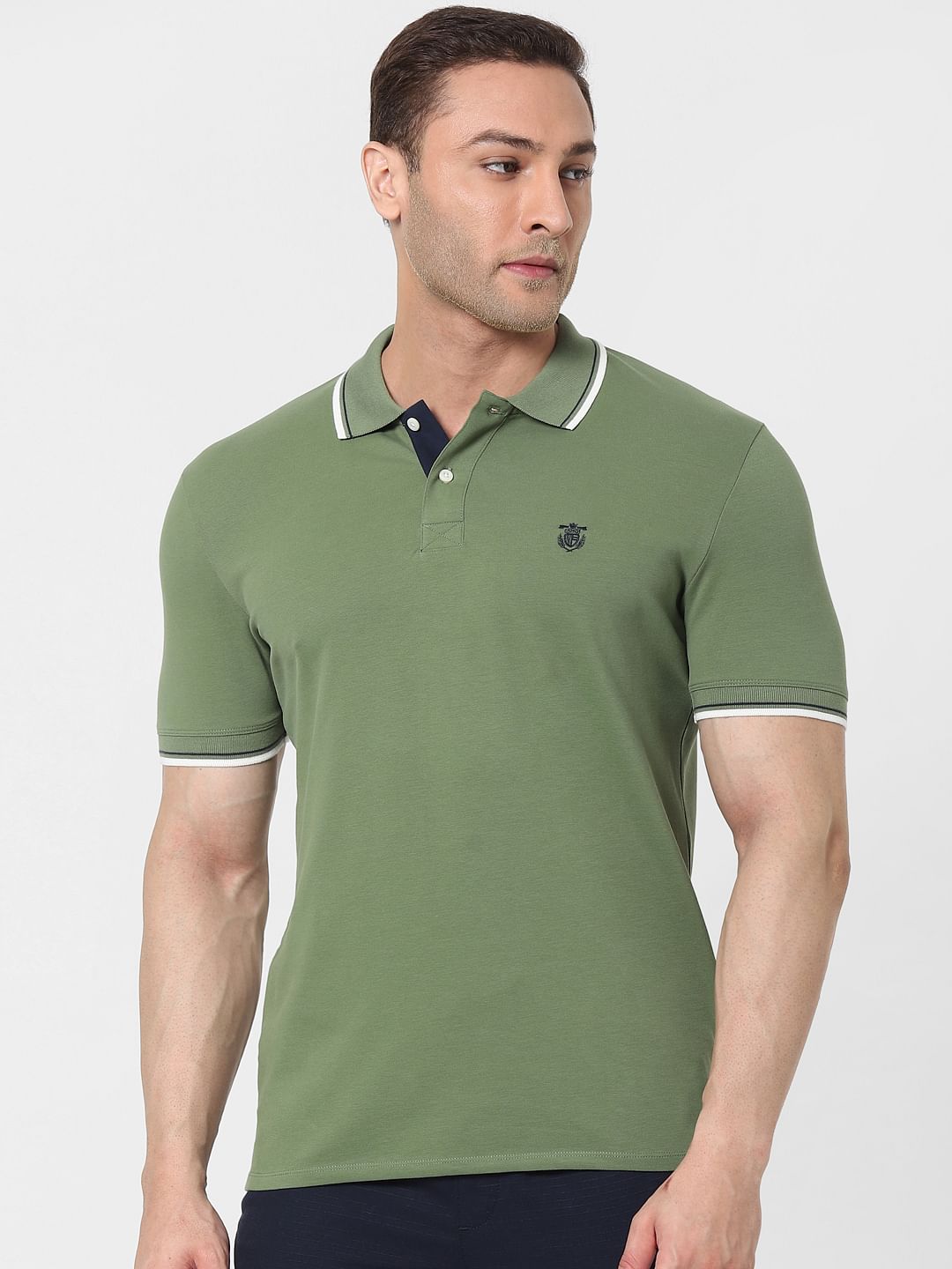 Green Contrast Tipping Polo Neck T-Shirt