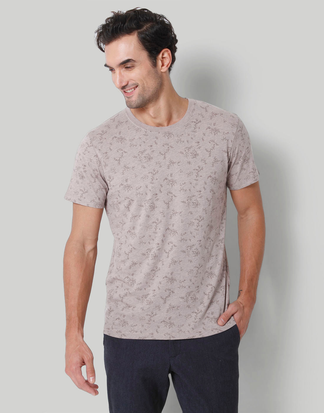 Brown Floral Print Crew Neck T-Shirt