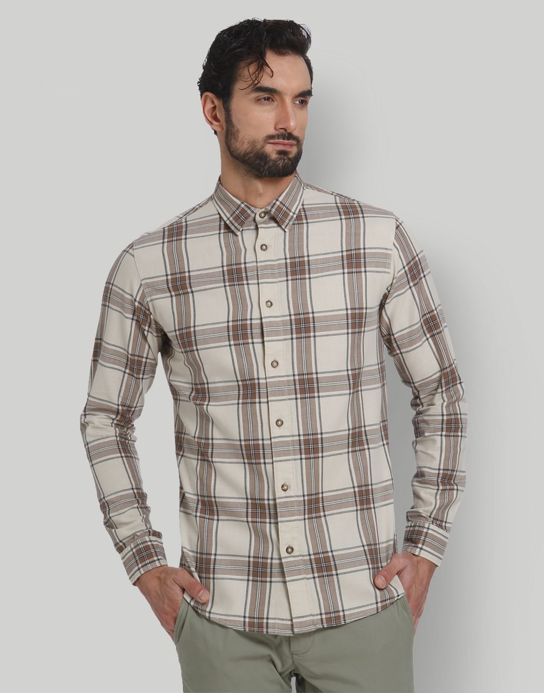 Cream Check Full Sleeves Shirt