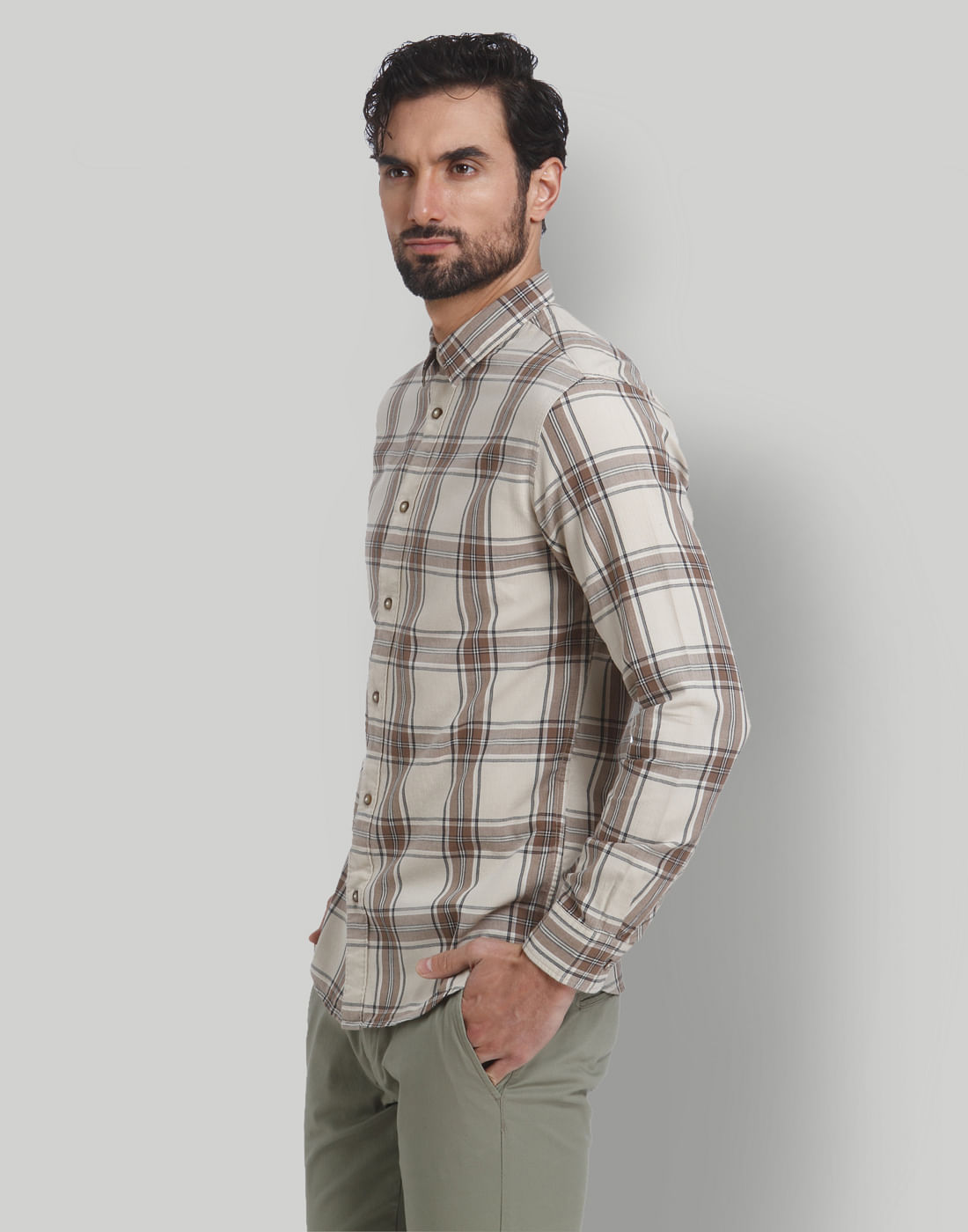 Cream Check Full Sleeves Shirt