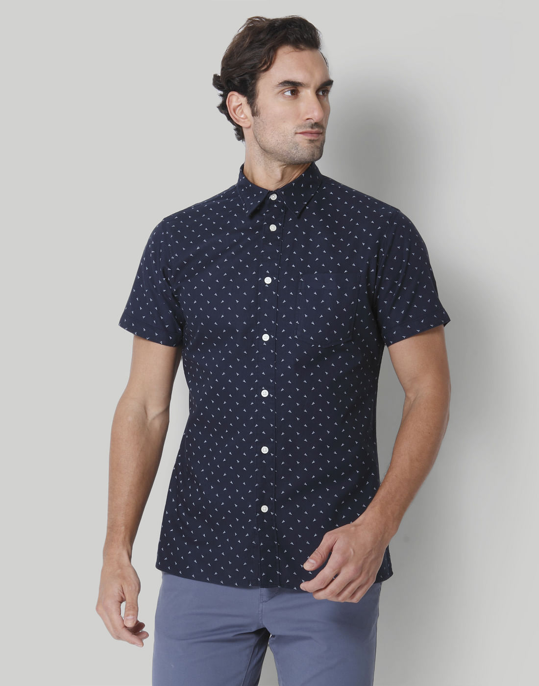 Blue Printed Short Sleeves Shirt