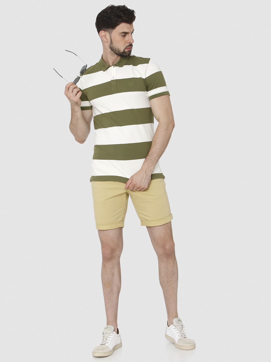 Green Striped Polo Neck T-Shirt