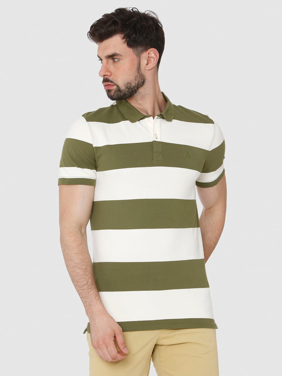 Green Striped Polo Neck T-Shirt