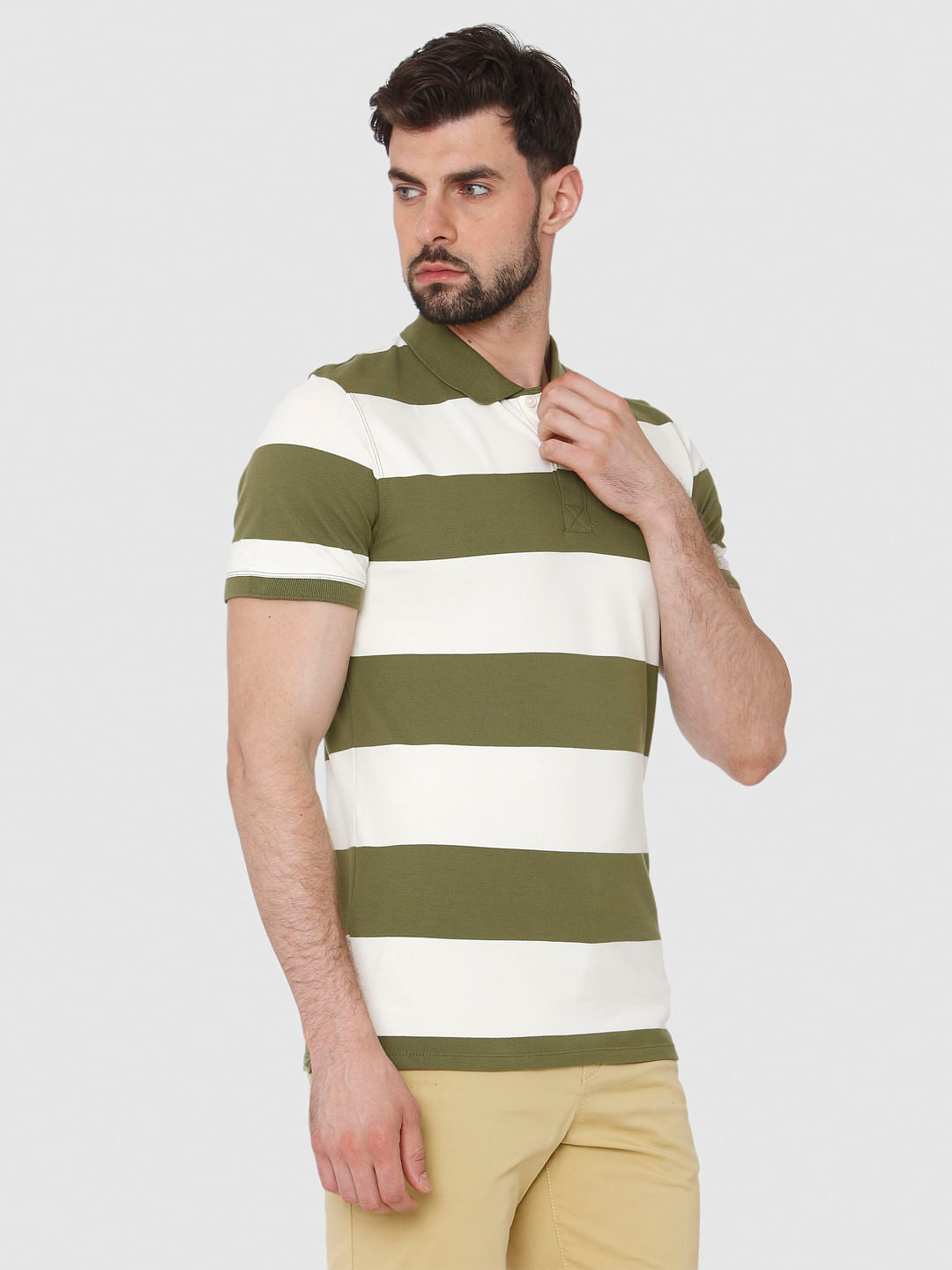 Green Striped Polo Neck T-Shirt