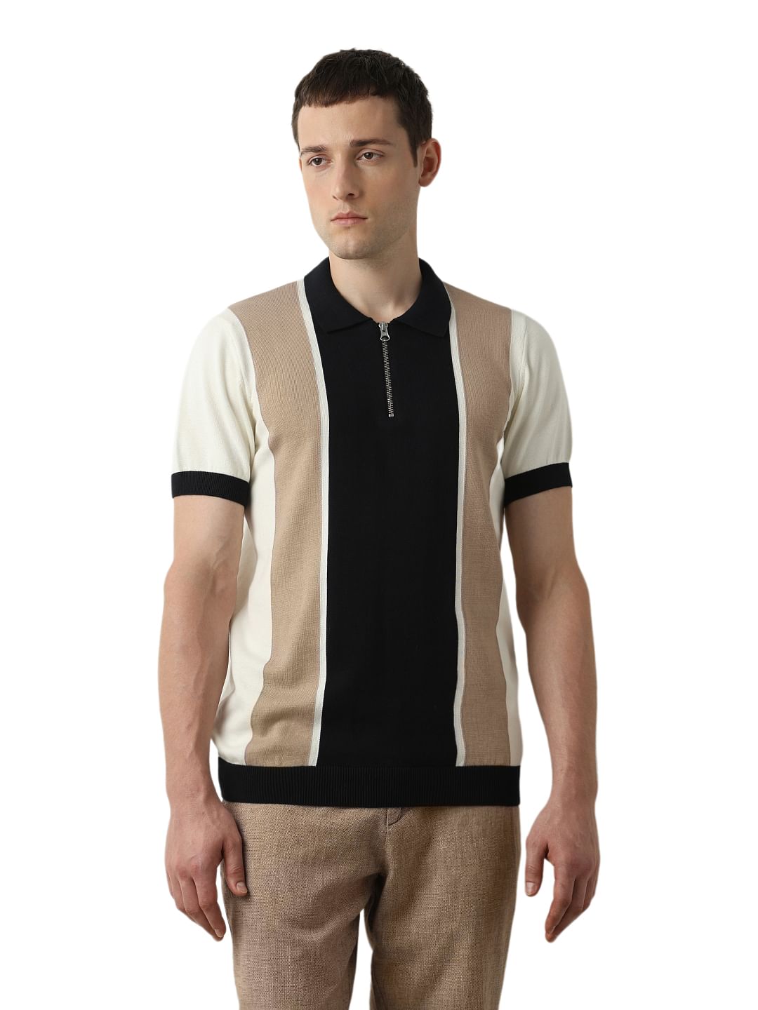 Beige Colourblocked Knitted Polo