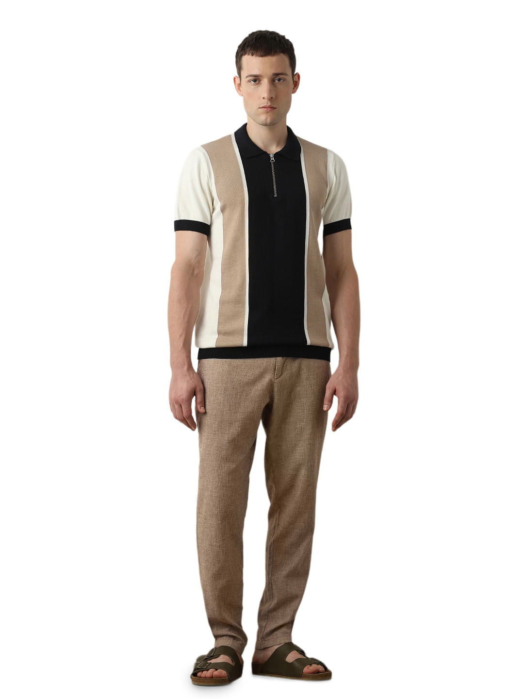 Beige Colourblocked Knitted Polo
