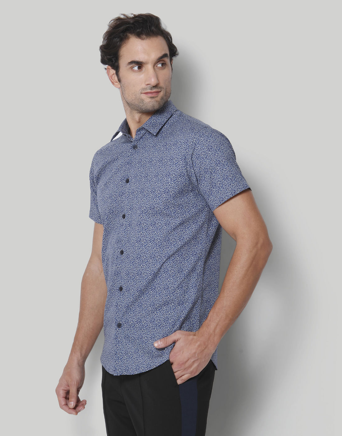 Blue Printed Short Sleeves Shirt