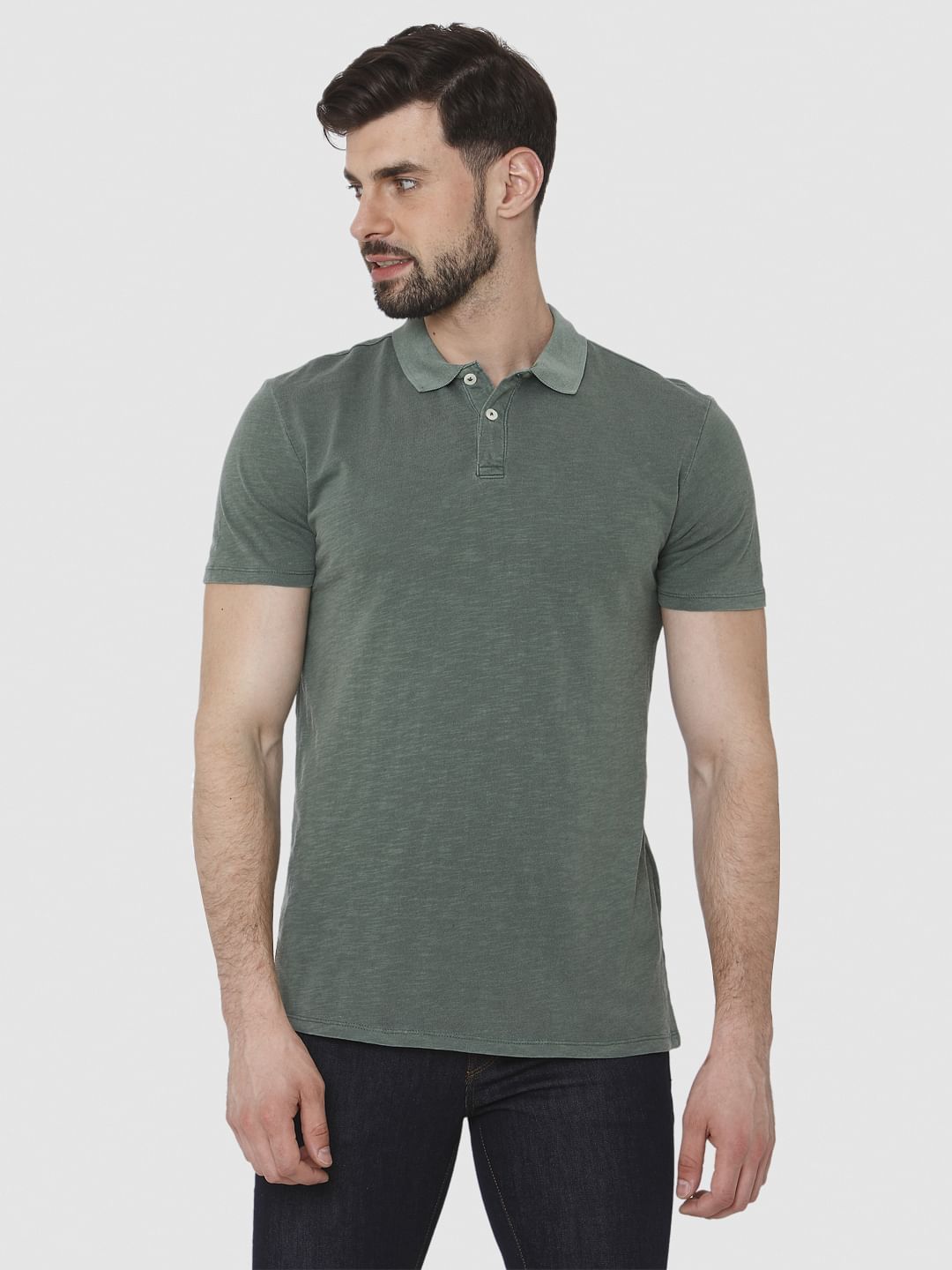 Green Overdyed Polo Neck T-Shirt