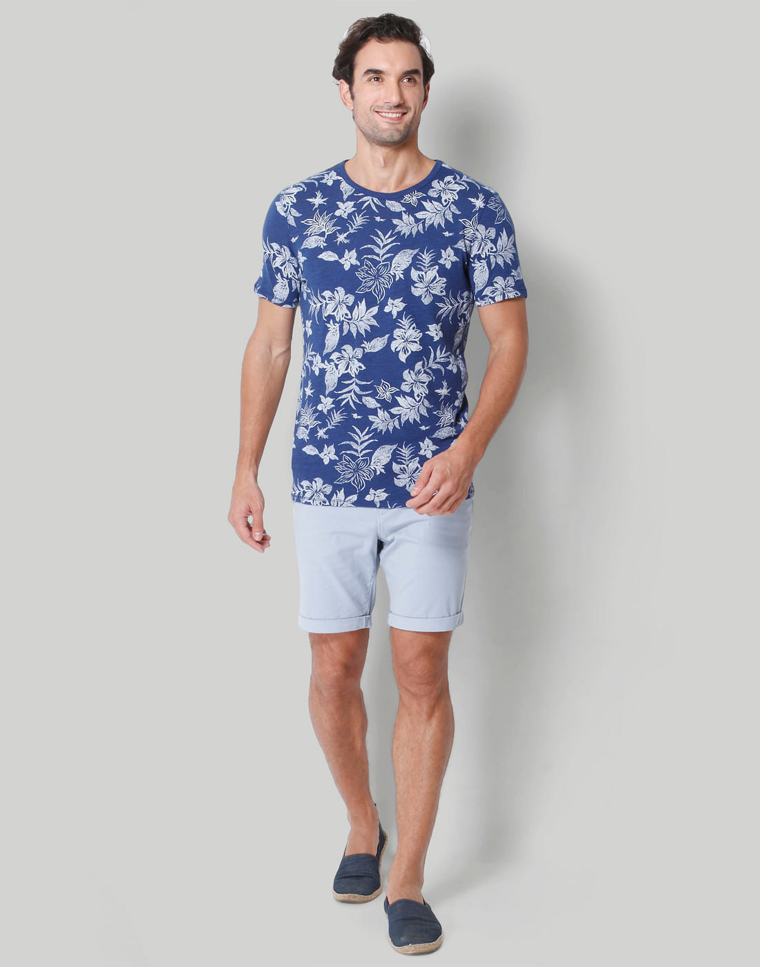 Blue Floral Print Crew Neck T-Shirt