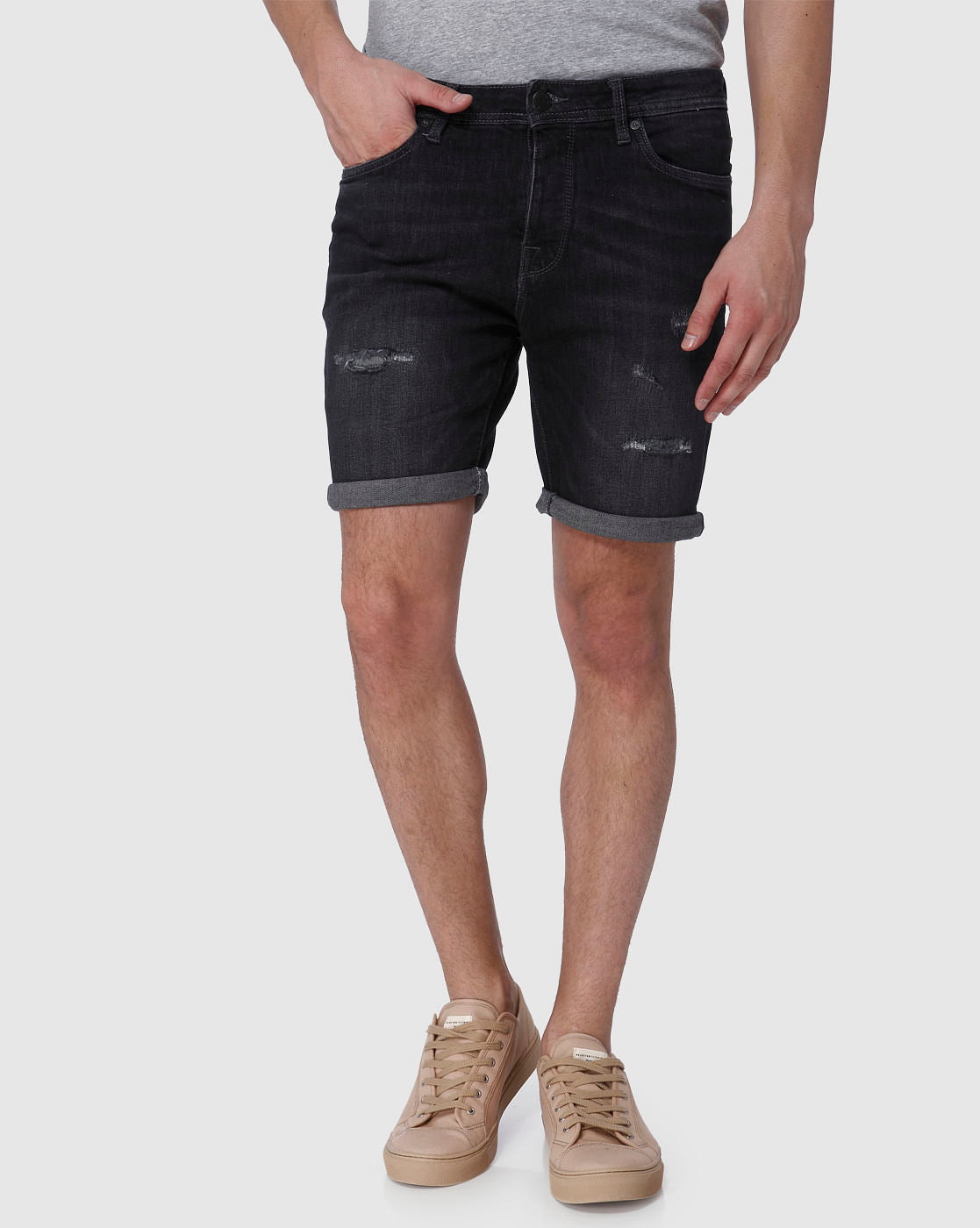 Grey Faded Ripped Denim Shorts