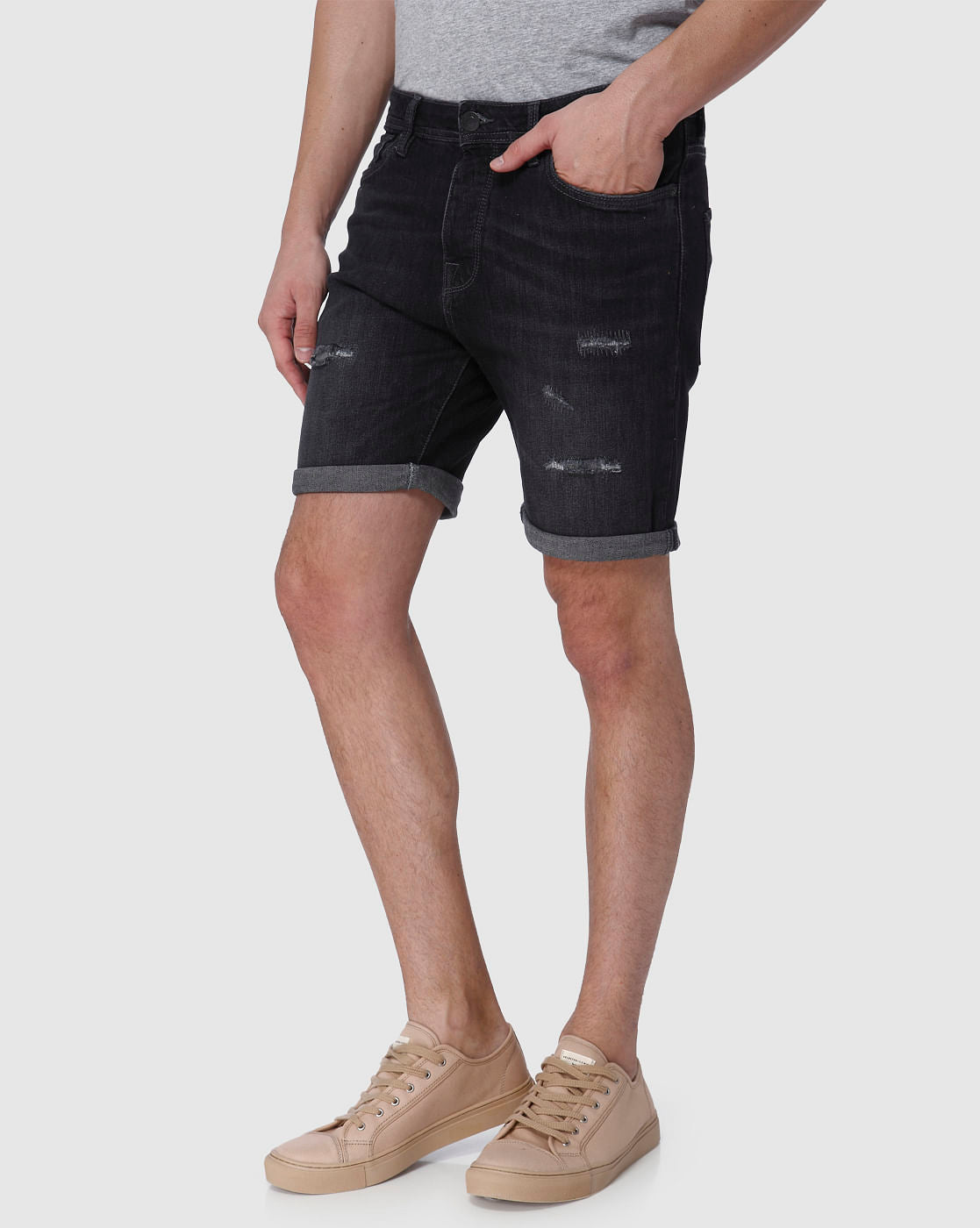 Grey Faded Ripped Denim Shorts