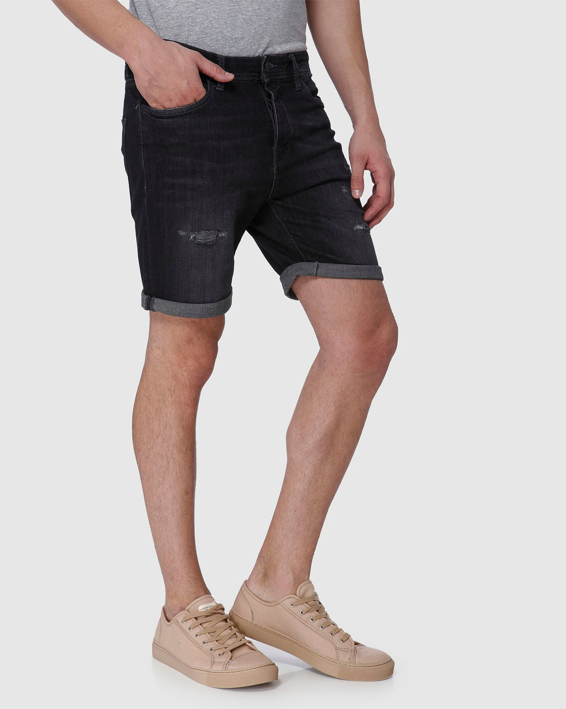 Grey Faded Ripped Denim Shorts