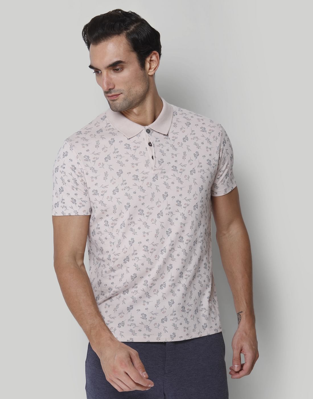 Pink Floral Print Polo Neck T-Shirt