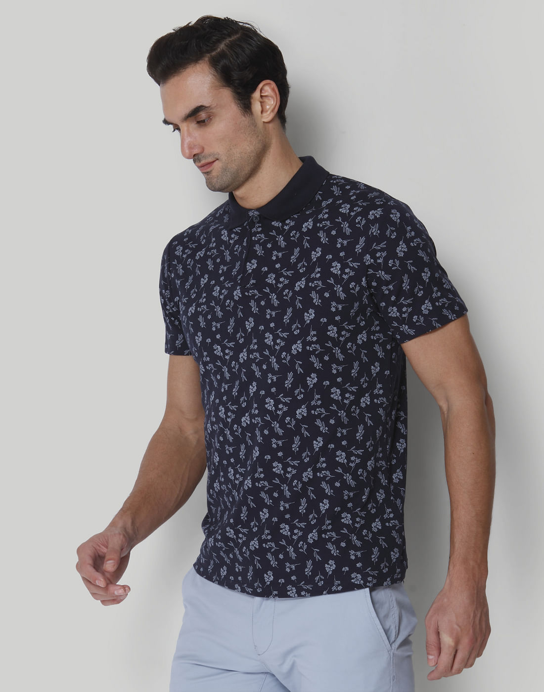Blue Floral Print Polo Neck T-Shirt