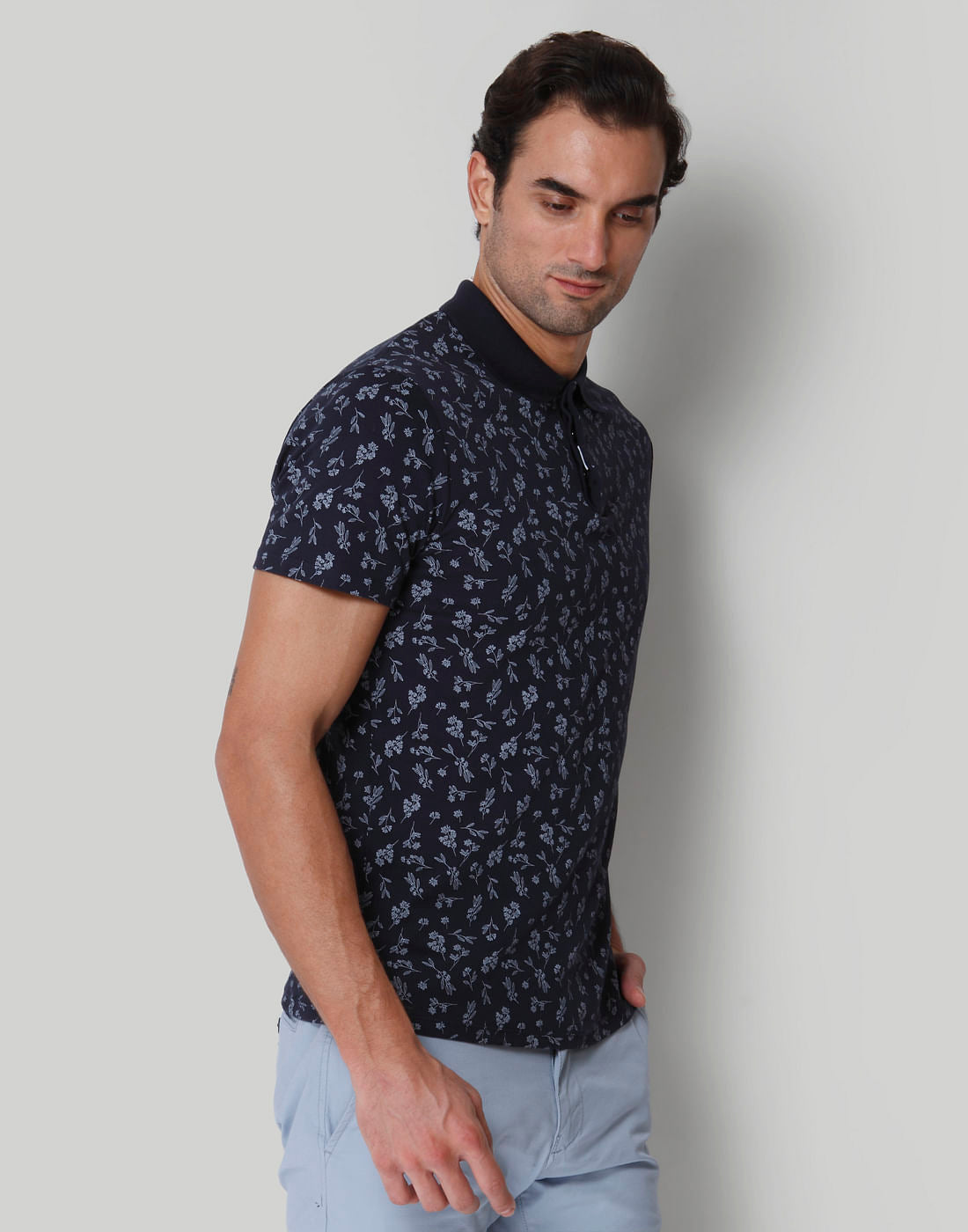 Blue Floral Print Polo Neck T-Shirt