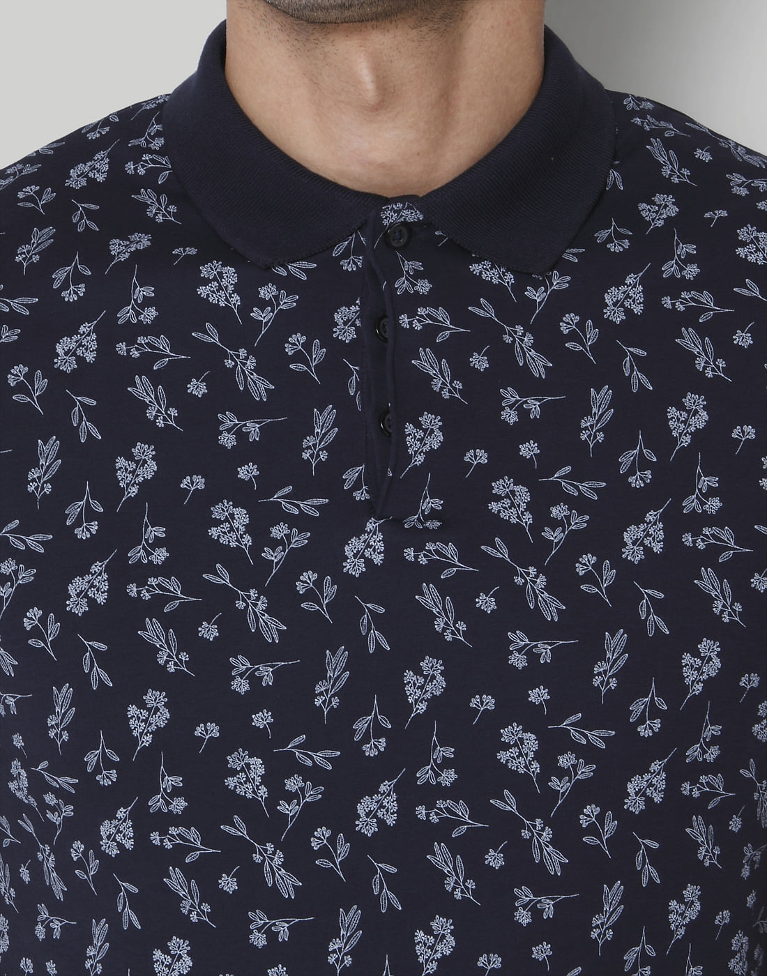 Blue Floral Print Polo Neck T-Shirt