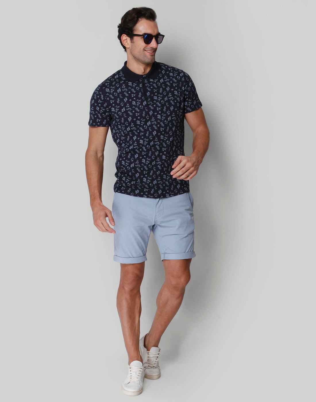 Blue Floral Print Polo Neck T-Shirt