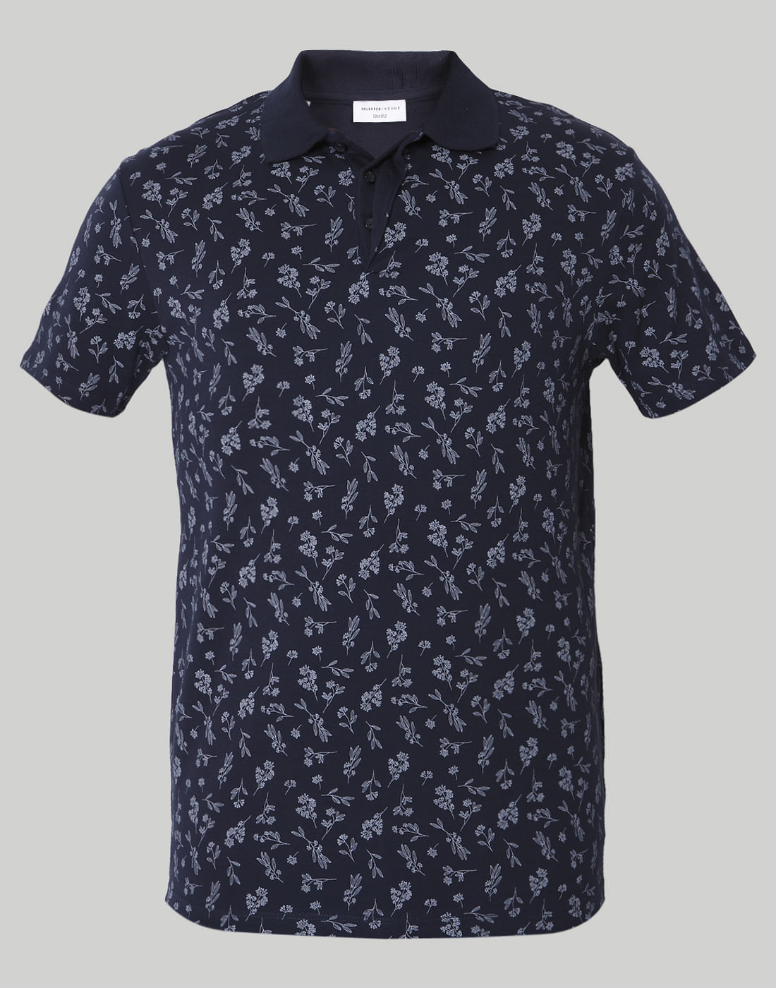 Blue Floral Print Polo Neck T-Shirt