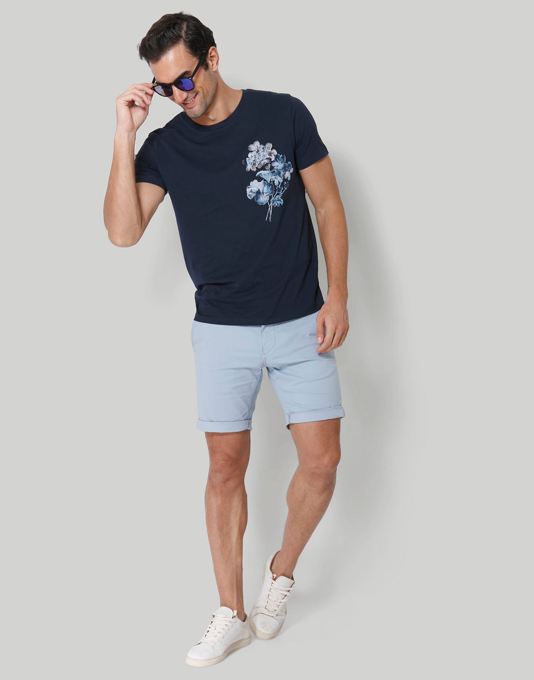 Blue Floral Print Crew Neck T-Shirt