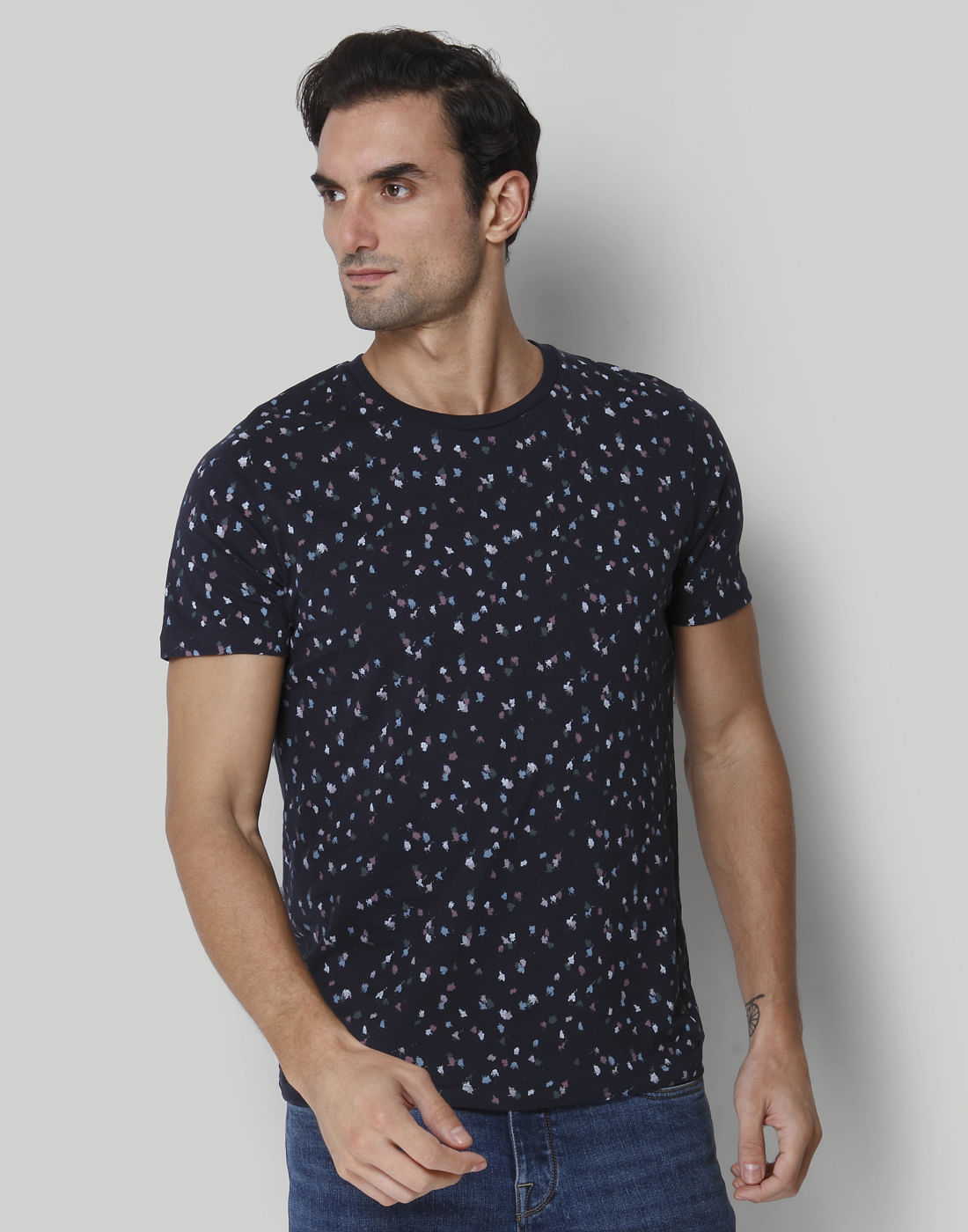 Blue Floral Print Crew Neck T-Shirt