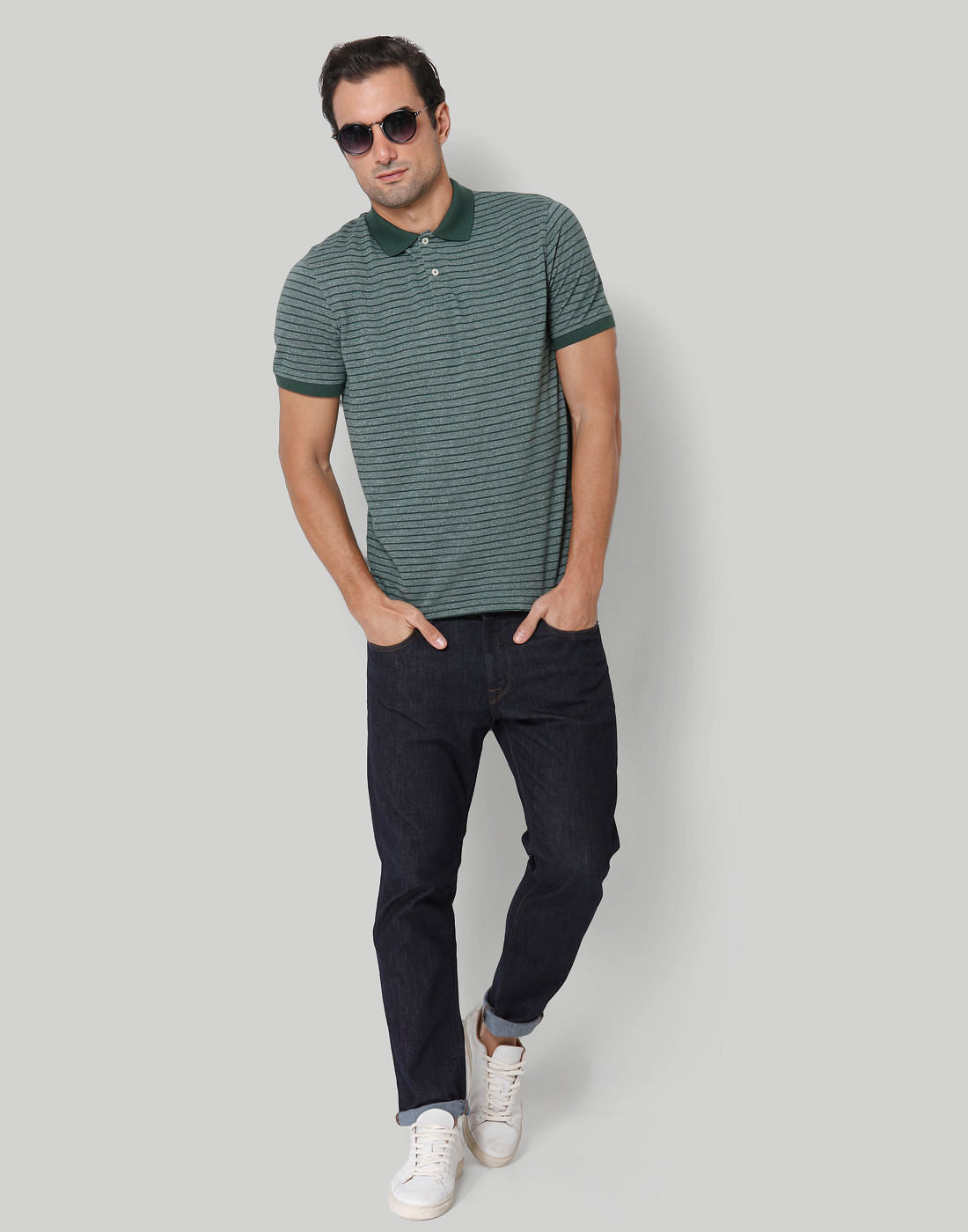 Green Striped Polo Neck T-Shirt