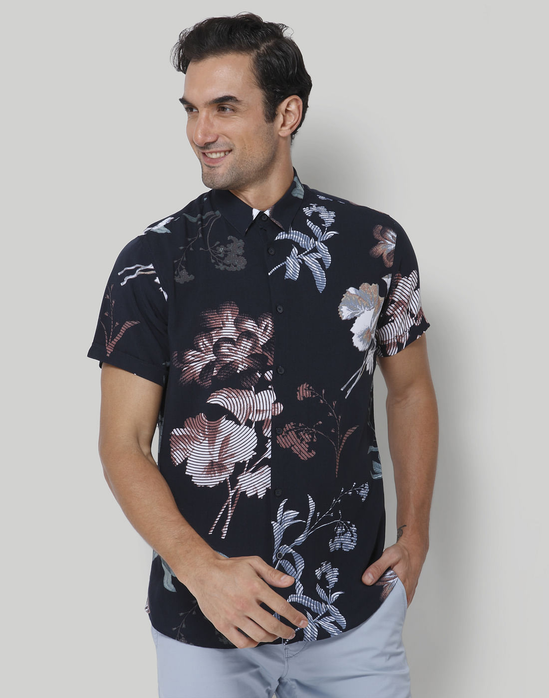 Dark Blue Printed Short Sleeves Shirt