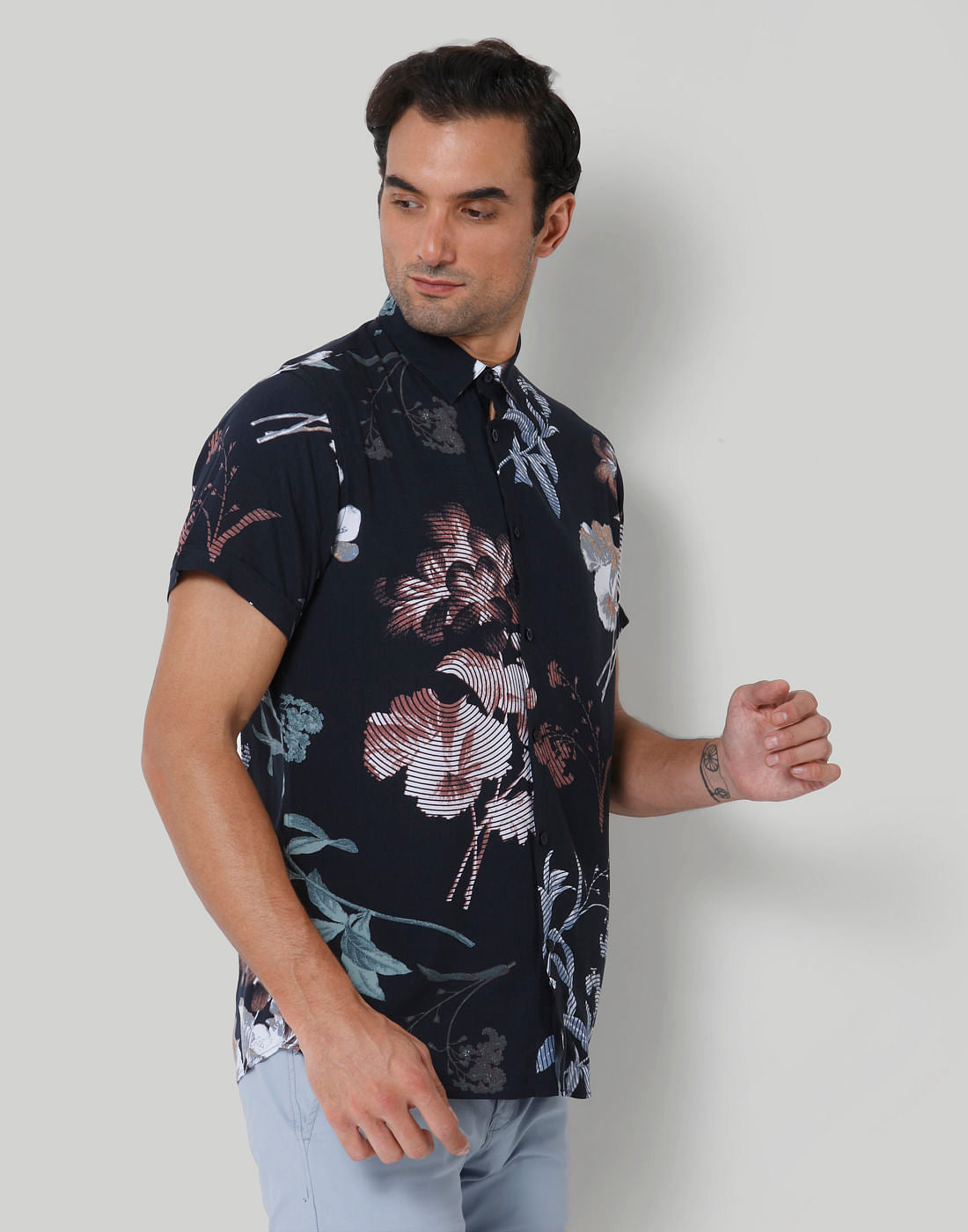 Dark Blue Printed Short Sleeves Shirt