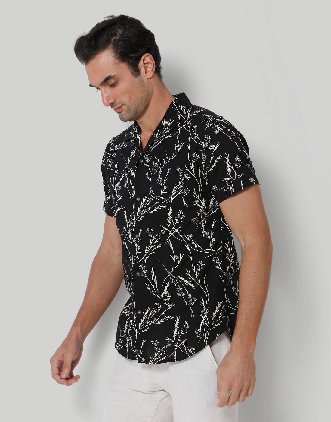 Black Floral Print Short Sleeves Shirt