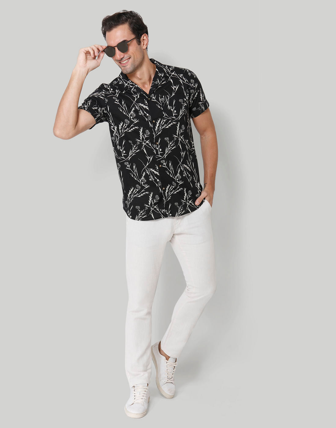 Black Floral Print Short Sleeves Shirt